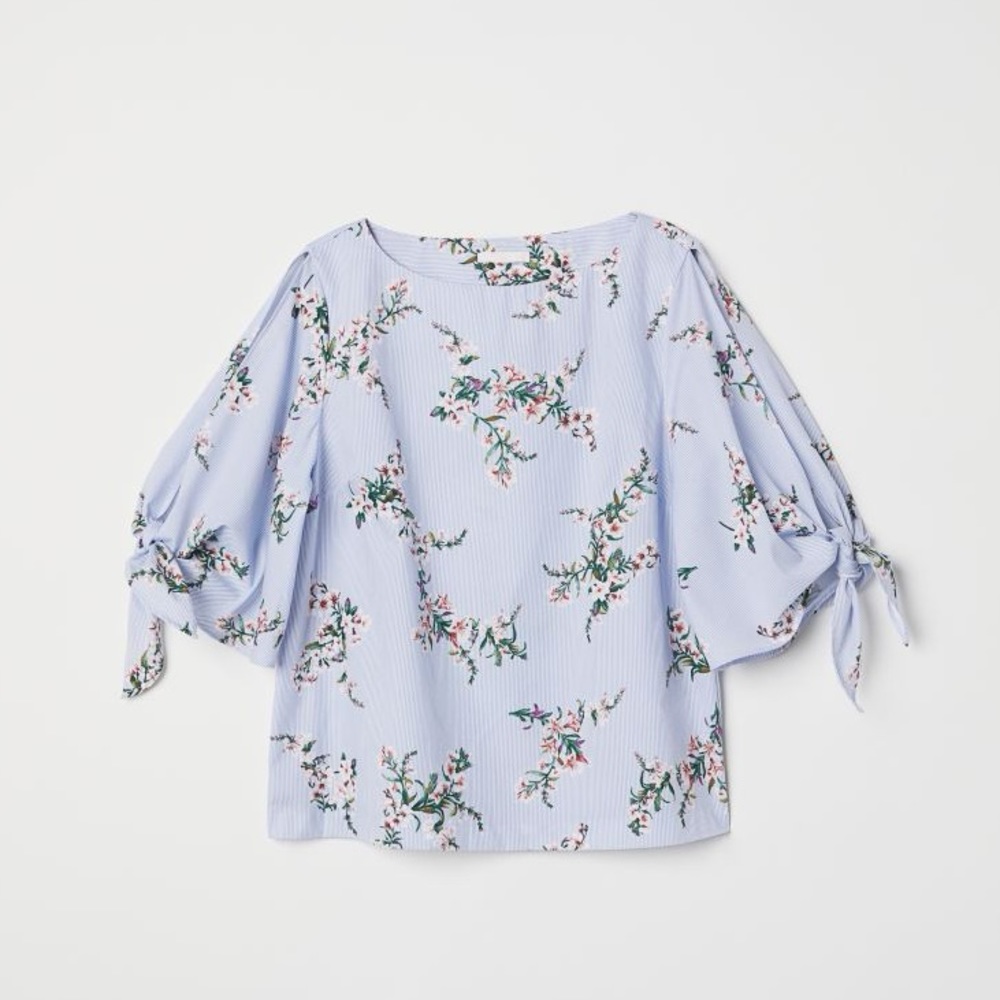 H&M Floral Open Shoulder Tie Sleeves Cotton Blouse